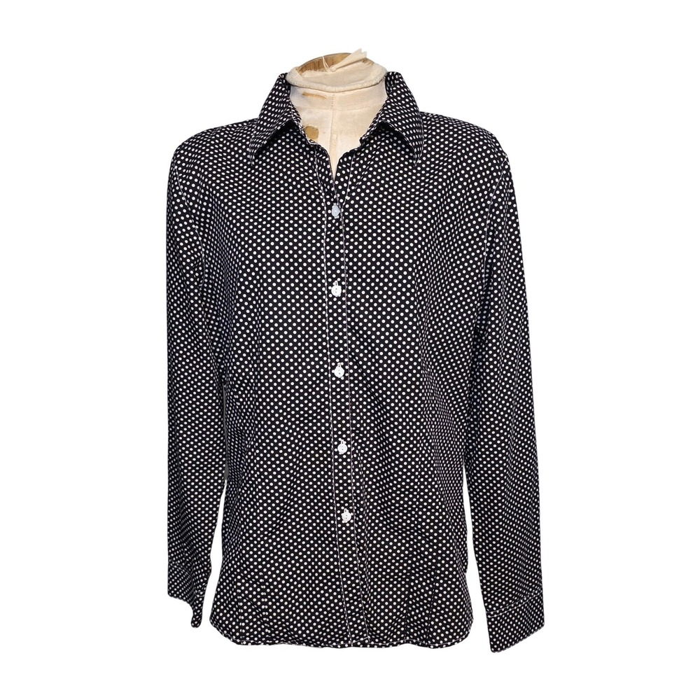 Foxcroft Wrinkle Free Slim Fit Polka Dot Button Down Shirt Black White Size 16